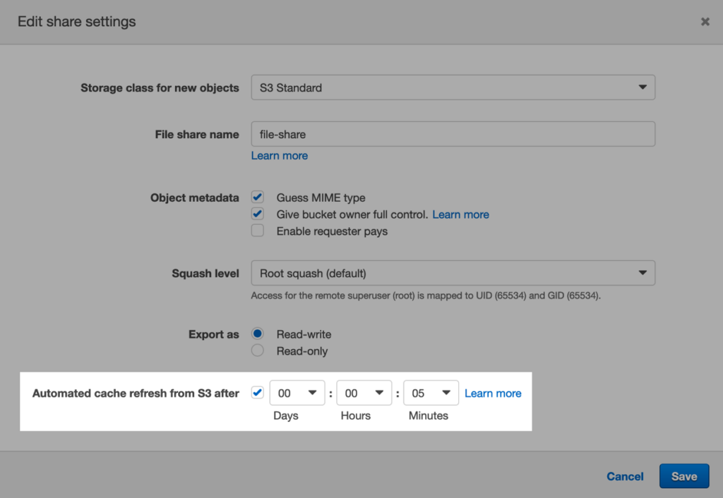 Edit share settings: Automated cache refresh from S3 after [timeframe]