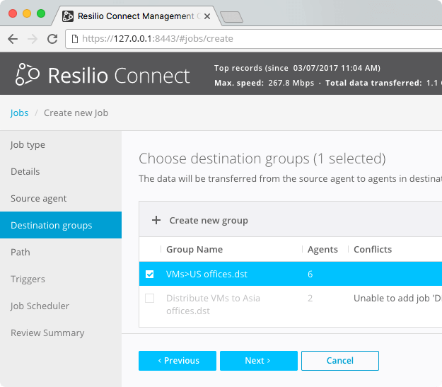 Create new job: Choose destination groups