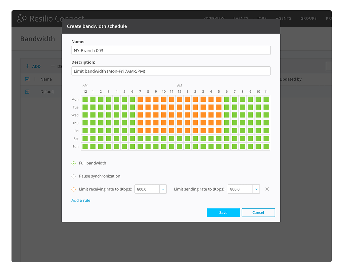 Resilio Platform delivers fine-grained bandwidth management policy control at each endpoint to ensure critical applications retain priority use of limited local infrastructure.