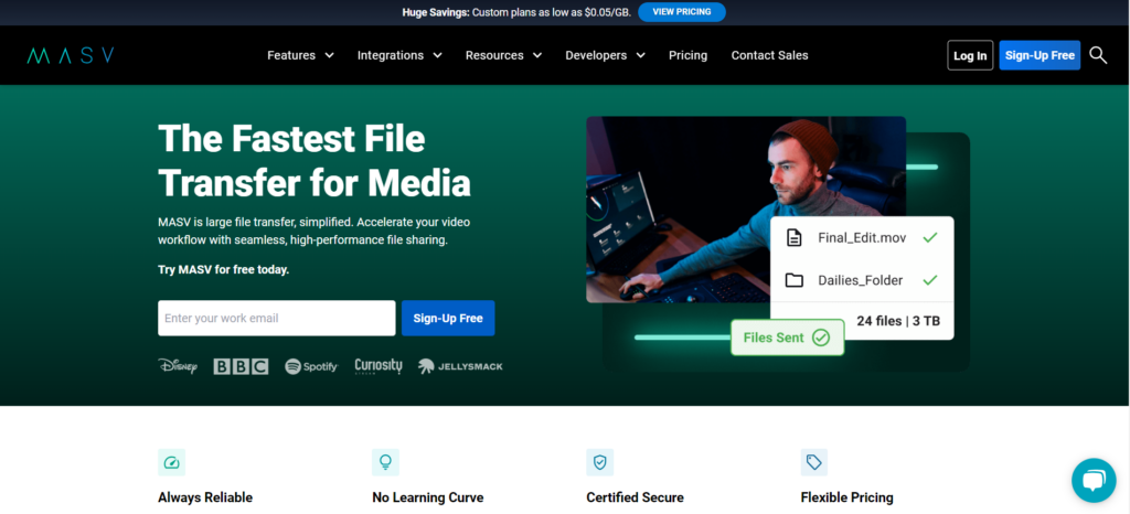 MASV homepage: The Fastest File Transfer for Media