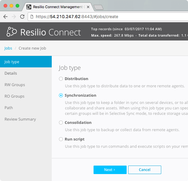 Resilio Connect: Jobs - Job Type (Synchronization)