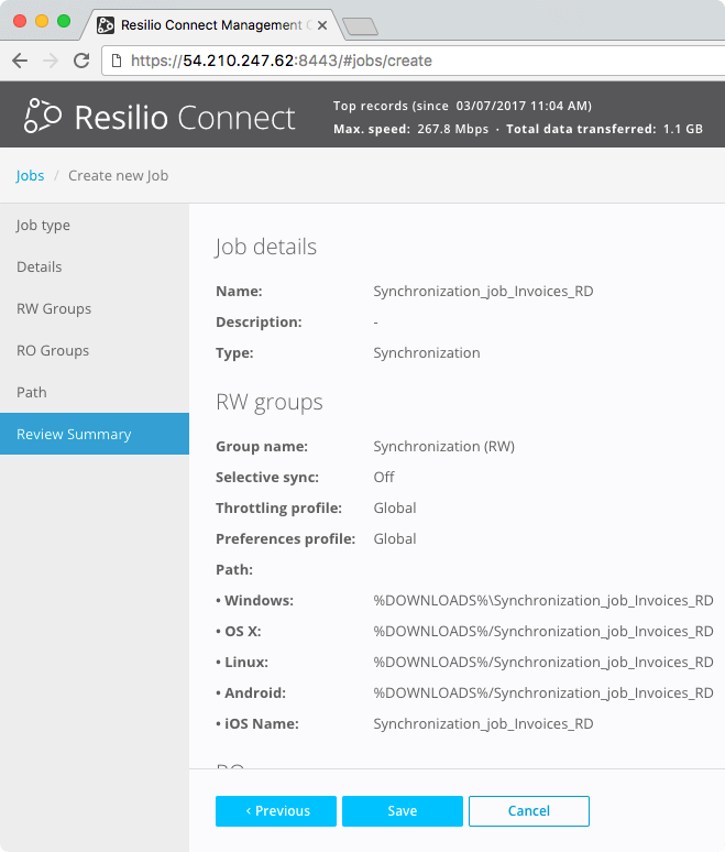 Resilio Connect: Jobs - Review Summary (Job Details)