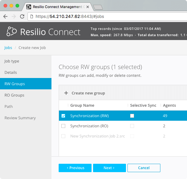 Resilio Connect: Jobs - RW Groups (Choose RW Group)