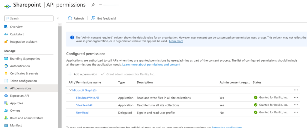 Sharepoint API permissions screen. 