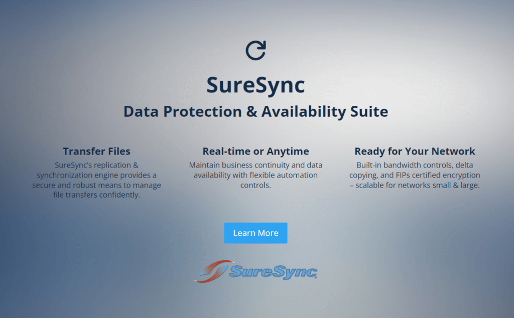 SureSync homepage: Data Protection & Availability Suite