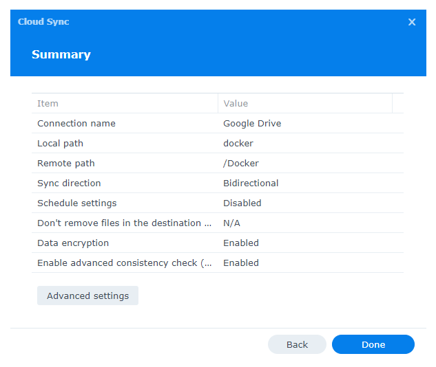 Synology Cloud Sync: Summary (Item and Value)