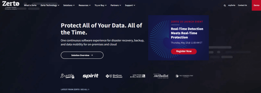 Zerto homepage: Protect All of Your Data. All of the Time.